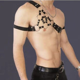 Black leather Pechera Caballero 6 Argollas with six silver rings for men